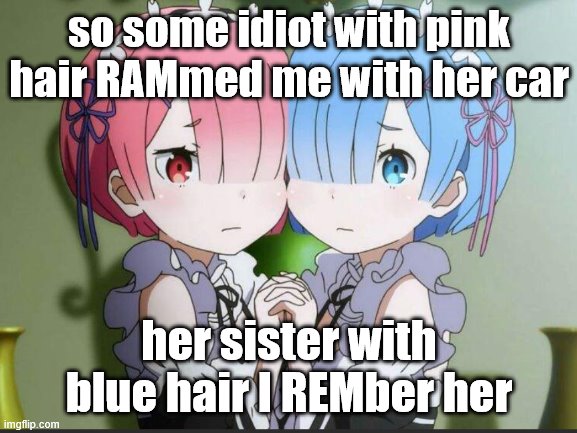 best anime pun | so some idiot with pink hair RAMmed me with her car; her sister with blue hair I REMber her | made w/ Imgflip meme maker