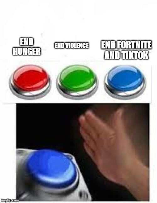 Buttons | END HUNGER; END FORTNITE AND TIKTOK; END VIOLENCE | image tagged in red green blue buttons | made w/ Imgflip meme maker