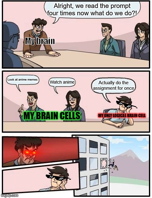 How my brain works | Alright, we read the prompt four times now what do we do?! My brain; Look at anime memes; Watch anime; Actually do the assignment for once; MY BRAIN CELLS; MY ONLY LOGICAL BRAIN CELL | image tagged in memes,boardroom meeting suggestion | made w/ Imgflip meme maker
