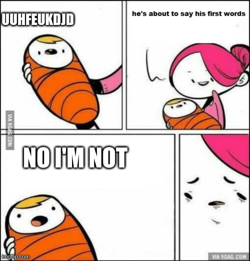 babies be like | UUHFEUKDJD; NO I'M NOT | image tagged in he is about to say his first words | made w/ Imgflip meme maker