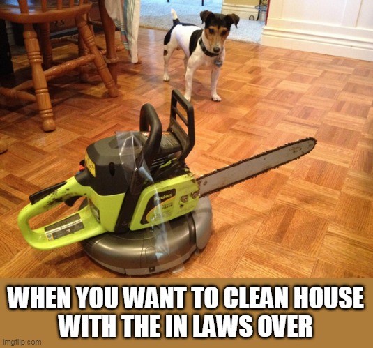 that dog though | WHEN YOU WANT TO CLEAN HOUSE
WITH THE IN LAWS OVER | image tagged in roomba,chainsaw | made w/ Imgflip meme maker
