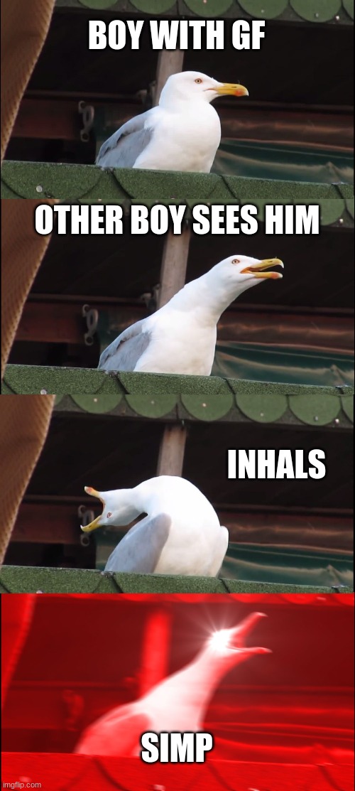 sipm | BOY WITH GF; OTHER BOY SEES HIM; INHALS; SIMP | image tagged in memes,inhaling seagull | made w/ Imgflip meme maker