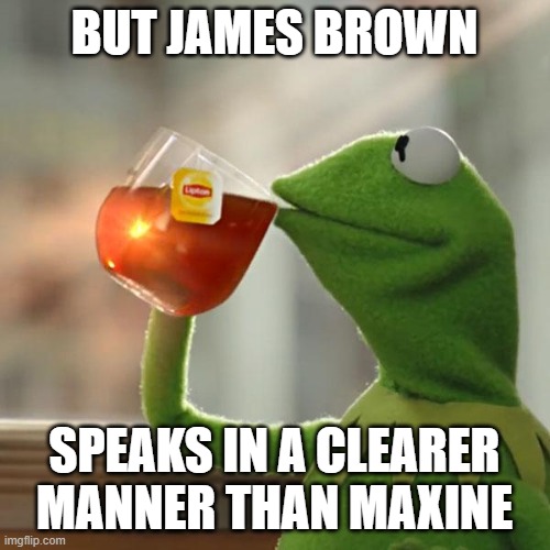 But That's None Of My Business Meme | BUT JAMES BROWN SPEAKS IN A CLEARER MANNER THAN MAXINE | image tagged in memes,but that's none of my business,kermit the frog | made w/ Imgflip meme maker