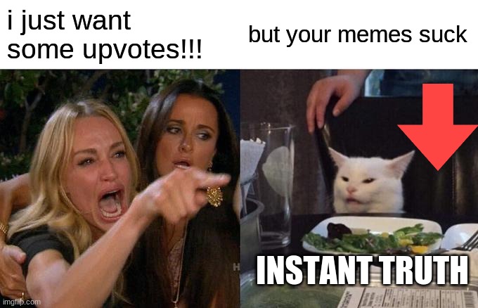 Woman Yelling At Cat | i just want some upvotes!!! but your memes suck; INSTANT TRUTH | image tagged in memes,woman yelling at cat,noobs,downvotes,upvotes,smudge the cat | made w/ Imgflip meme maker