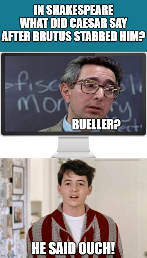 Remote learning (high school edition) | IN SHAKESPEARE WHAT DID CAESAR SAY AFTER BRUTUS STABBED HIM? BUELLER? HE SAID OUCH! | image tagged in computer screen,funny,ferris bueller ben stein,joke | made w/ Imgflip meme maker