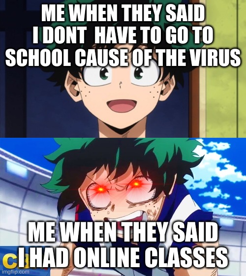 deku meme | ME WHEN THEY SAID I DONT  HAVE TO GO TO SCHOOL CAUSE OF THE VIRUS; ME WHEN THEY SAID I HAD ONLINE CLASSES | image tagged in memes | made w/ Imgflip meme maker