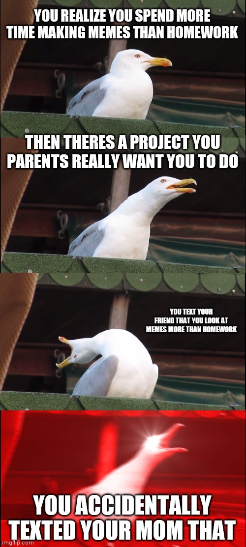 Inhaling Seagull | YOU REALIZE YOU SPEND MORE TIME MAKING MEMES THAN HOMEWORK; THEN THERES A PROJECT YOU PARENTS REALLY WANT YOU TO DO; YOU TEXT YOUR FRIEND THAT YOU LOOK AT MEMES MORE THAN HOMEWORK; YOU ACCIDENTALLY TEXTED YOUR MOM THAT | image tagged in memes,inhaling seagull | made w/ Imgflip meme maker