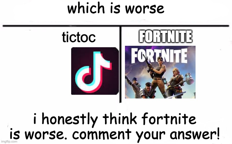 who would win | which is worse; tictoc; FORTNITE; i honestly think fortnite is worse. comment your answer! | image tagged in memes,who would win | made w/ Imgflip meme maker