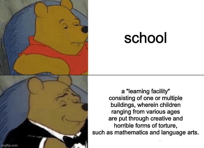school | school; a "learning facility" consisting of one or multiple buildings, wherein children ranging from various ages are put through creative and horrible forms of torture, such as mathematics and language arts. | image tagged in memes,tuxedo winnie the pooh | made w/ Imgflip meme maker