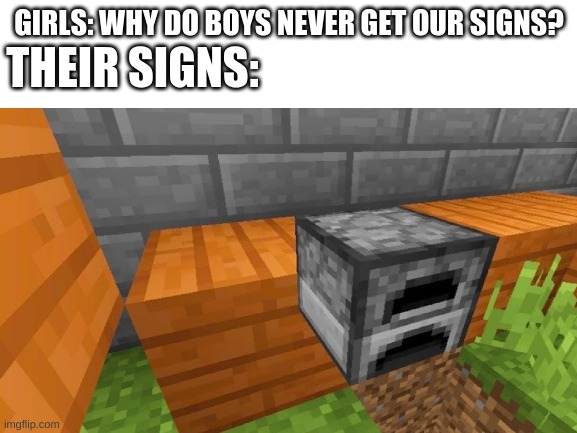 A minecraft meme | THEIR SIGNS:; GIRLS: WHY DO BOYS NEVER GET OUR SIGNS? | image tagged in cursed minecraft | made w/ Imgflip meme maker