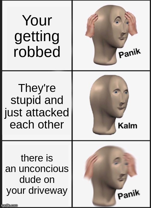 Panik Kalm Panik Meme | Your getting robbed They're stupid and just attacked each other there is an unconcious dude on your driveway | image tagged in memes,panik kalm panik | made w/ Imgflip meme maker