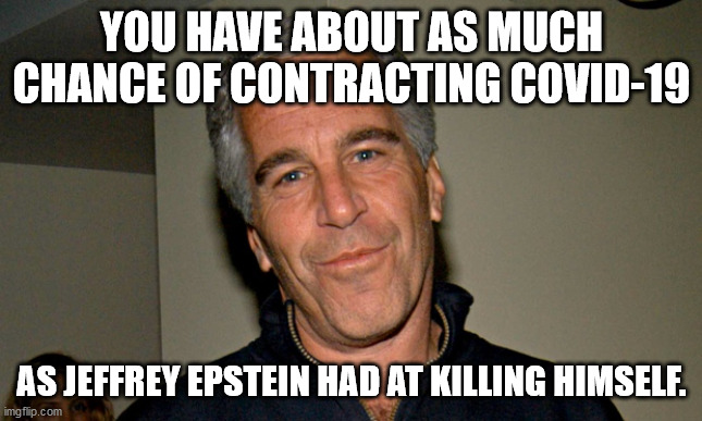 Jeffrey Epstein | YOU HAVE ABOUT AS MUCH CHANCE OF CONTRACTING COVID-19; AS JEFFREY EPSTEIN HAD AT KILLING HIMSELF. | image tagged in jeffrey epstein,covid-19,coronavirus,corona virus | made w/ Imgflip meme maker