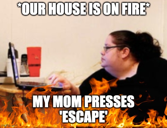 yo mama | *OUR HOUSE IS ON FIRE*; MY MOM PRESSES
'ESCAPE' | image tagged in yo mama,yo mama so fat,dumb,fire | made w/ Imgflip meme maker
