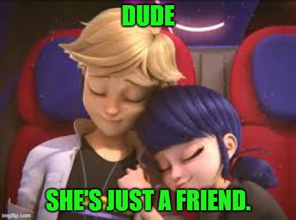 Miraculous Cuddle | DUDE; SHE'S JUST A FRIEND. | image tagged in miraculous cuddle | made w/ Imgflip meme maker