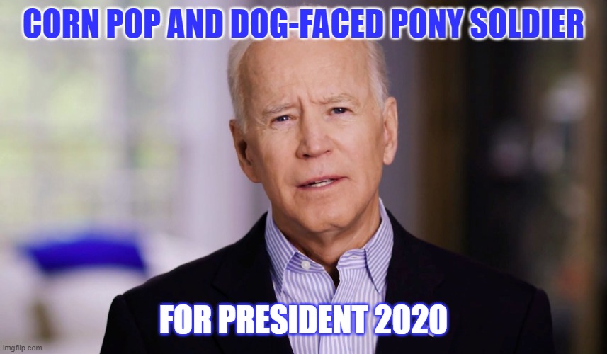 Joe Biden 2020 | CORN POP AND DOG-FACED PONY SOLDIER FOR PRESIDENT 2020 | image tagged in joe biden 2020 | made w/ Imgflip meme maker