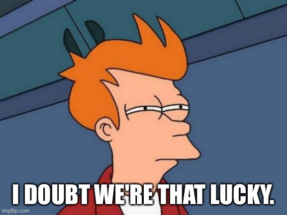 Futurama Fry Meme | I DOUBT WE'RE THAT LUCKY. | image tagged in memes,futurama fry | made w/ Imgflip meme maker