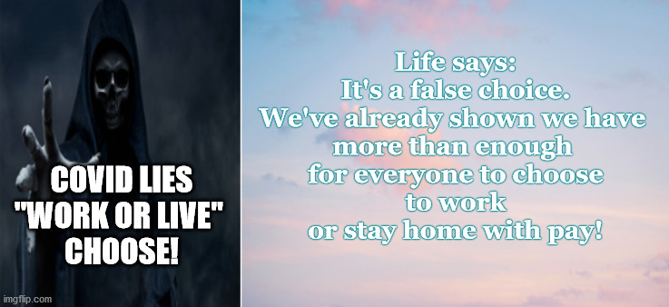 lie vs light | Life says:
It's a false choice.

We've already shown we have 
more than enough 
for everyone to choose
to work
or stay home with pay! COVID LIES
"WORK OR LIVE" 
CHOOSE! | image tagged in lie vs light | made w/ Imgflip meme maker