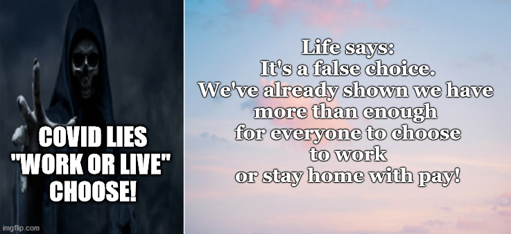 lie vs light | Life says:
It's a false choice.

We've already shown we have 
more than enough 
for everyone to choose
to work
or stay home with pay! COVID LIES
"WORK OR LIVE" 
CHOOSE! | image tagged in lie vs light | made w/ Imgflip meme maker