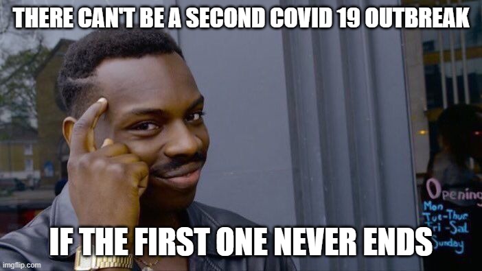 Roll Safe Think About It Meme | THERE CAN'T BE A SECOND COVID 19 OUTBREAK; IF THE FIRST ONE NEVER ENDS | image tagged in memes,roll safe think about it | made w/ Imgflip meme maker