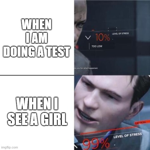 comparition of stress. | WHEN I AM DOING A TEST; WHEN I SEE A GIRL | image tagged in level of stress | made w/ Imgflip meme maker