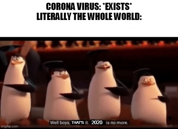 2020 summary | CORONA VIRUS: *EXISTS*
LITERALLY THE WHOLE WORLD:; 2020; THAT'S | image tagged in well boys we did it blank is no more | made w/ Imgflip meme maker