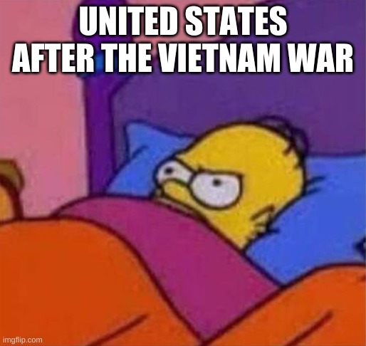 angry homer simpson in bed | UNITED STATES AFTER THE VIETNAM WAR | image tagged in angry homer simpson in bed | made w/ Imgflip meme maker