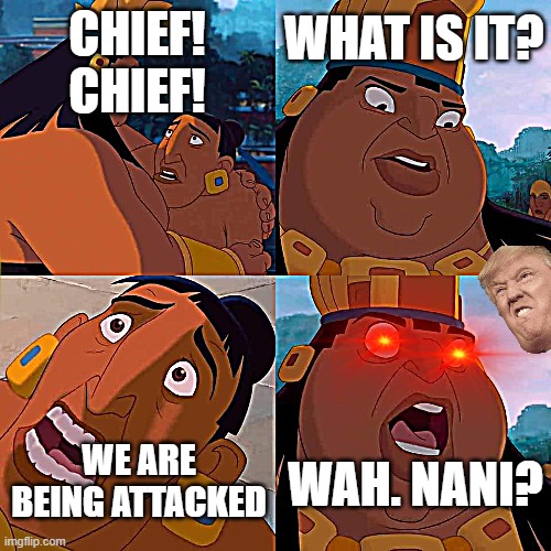 Shocked Chief Tannabok | WHAT IS IT? CHIEF! CHIEF! WE ARE BEING ATTACKED; WAH. NANI? | image tagged in shocked chief tannabok | made w/ Imgflip meme maker