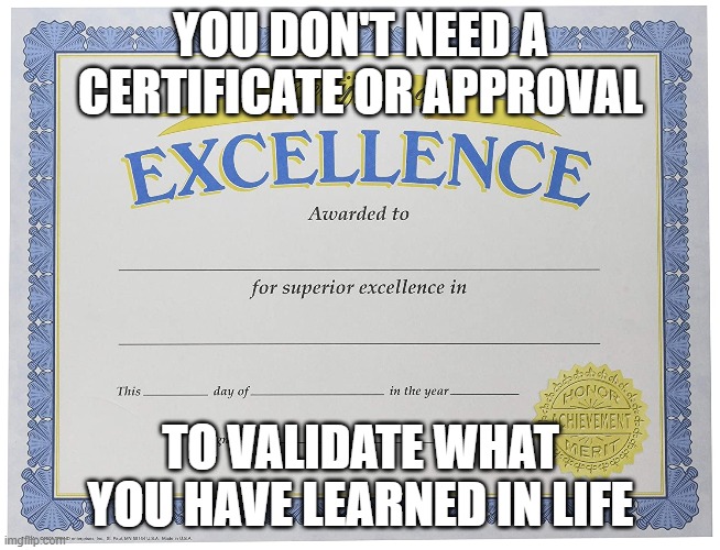 validation | YOU DON'T NEED A CERTIFICATE OR APPROVAL; TO VALIDATE WHAT YOU HAVE LEARNED IN LIFE | image tagged in learn,life | made w/ Imgflip meme maker