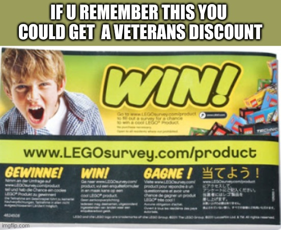 Lego Survey WIn | IF U REMEMBER THIS YOU  COULD GET  A VETERANS DISCOUNT | image tagged in lego survey win | made w/ Imgflip meme maker