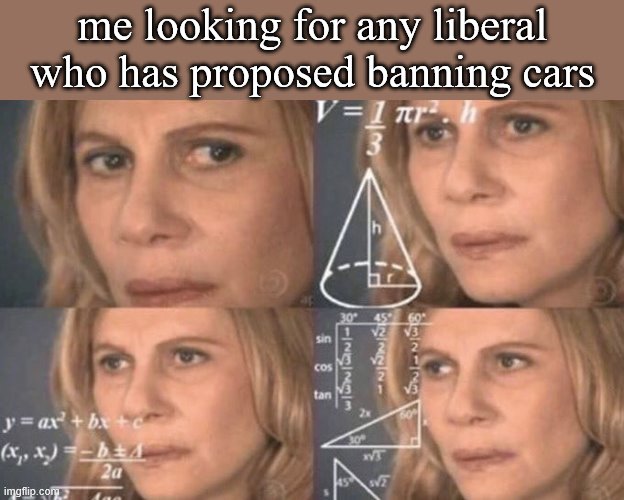 One of the biggest strawmen I’ve seen ‘round here. | me looking for any liberal who has proposed banning cars | image tagged in confused woman,cars,conservative logic,liberals,liberal,illogical | made w/ Imgflip meme maker