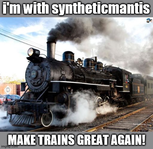 Shout-out to synthetic-Mantis for keeping the train flame alive. | i'm with syntheticmantis; MAKE TRAINS GREAT AGAIN! | image tagged in train,trains,i like trains,public transport,transport,railroad | made w/ Imgflip meme maker