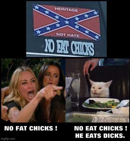 eat a dick | image tagged in woman yelling at cat,confederate flag,fat chicks,lgbtq,woman yelling at white cat,woman yelling at a cat | made w/ Imgflip meme maker