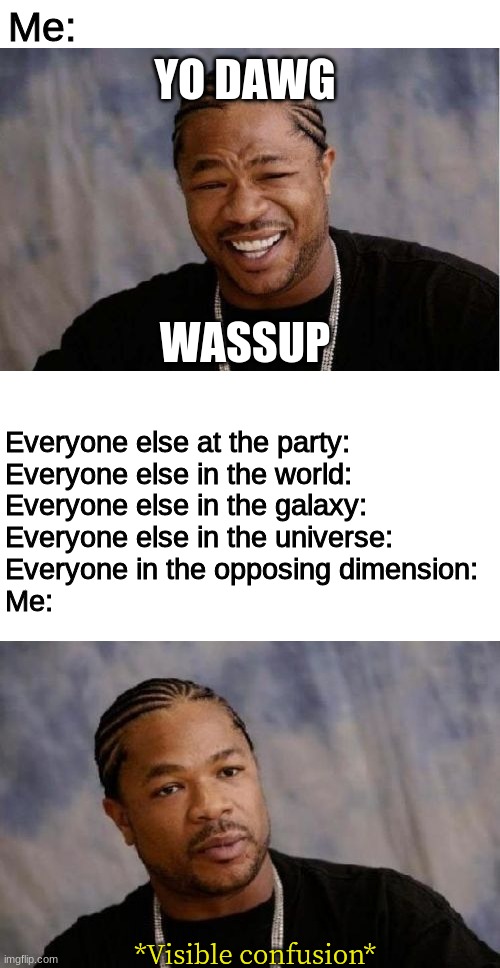Wassup? Anybody listening to me? | YO DAWG; Me:; WASSUP; Everyone else at the party:
Everyone else in the world:
Everyone else in the galaxy:
Everyone else in the universe:
Everyone in the opposing dimension:
Me:; *Visible confusion* | image tagged in memes,yo dawg heard you,serious xzibit,hello,whatsapp | made w/ Imgflip meme maker