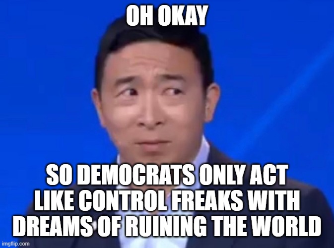 Doubtful Yang | OH OKAY SO DEMOCRATS ONLY ACT LIKE CONTROL FREAKS WITH DREAMS OF RUINING THE WORLD | image tagged in doubtful yang | made w/ Imgflip meme maker