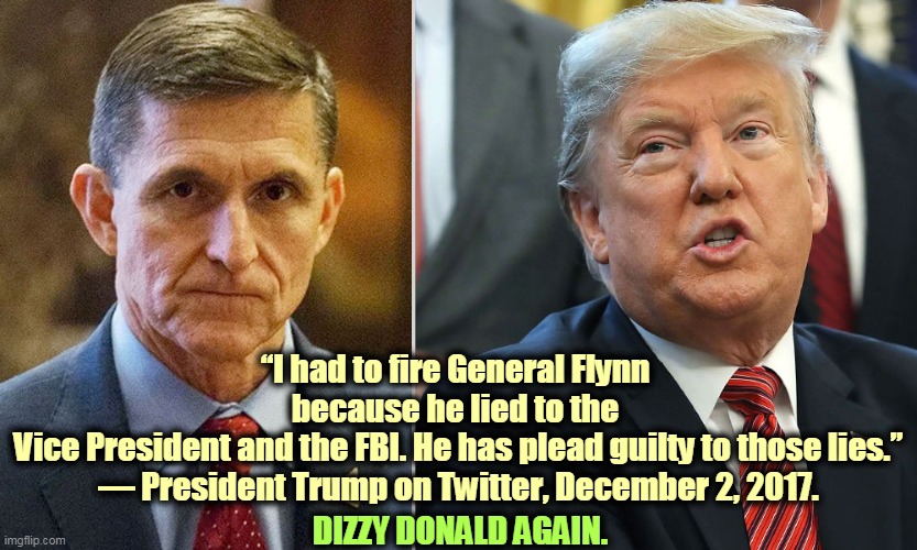 DEFENDERS OF MICHAEL FLYNN! Please heed the words of Donald Trump. | “I had to fire General Flynn 
because he lied to the 
Vice President and the FBI. He has plead guilty to those lies.”

— President Trump on Twitter, December 2, 2017. DIZZY DONALD AGAIN. | image tagged in flynn guilty trump guilty,michael flynn,guilty,trump,crazy | made w/ Imgflip meme maker