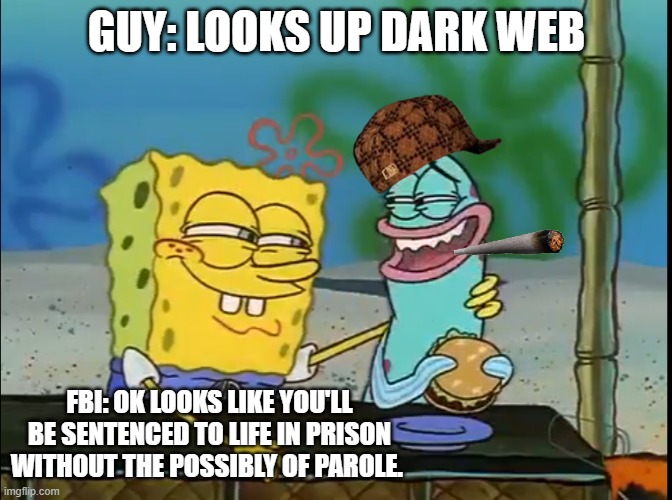 Ya Dumb@$$ | GUY: LOOKS UP DARK WEB; FBI: OK LOOKS LIKE YOU'LL BE SENTENCED TO LIFE IN PRISON WITHOUT THE POSSIBLY OF PAROLE. | image tagged in spongebob fish | made w/ Imgflip meme maker