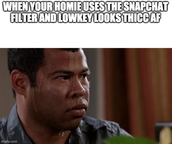 Filters are crazy... | WHEN YOUR HOMIE USES THE SNAPCHAT FILTER AND LOWKEY LOOKS THICC AF | image tagged in sweating bullets | made w/ Imgflip meme maker