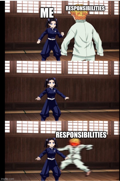 The truth | RESPONSIBILITIES; ME; RESPONSIBILITIES | image tagged in demon slayer v omae wa mu shinderu | made w/ Imgflip meme maker