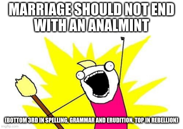 x all the y - minty and fun | MARRIAGE SHOULD NOT END
WITH AN ANALMINT; (BOTTOM 3RD IN SPELLING, GRAMMAR AND ERUDITION, TOP IN REBELLION) | image tagged in memes,x all the y | made w/ Imgflip meme maker