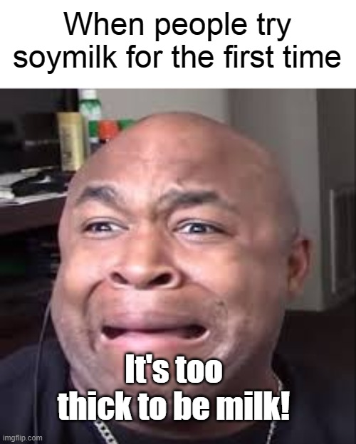 I t s  t o o  t h i c k  t o  b e  m i l k | When people try soymilk for the first time; It's too thick to be milk! | image tagged in milk carton,funny,memes,dank memes | made w/ Imgflip meme maker