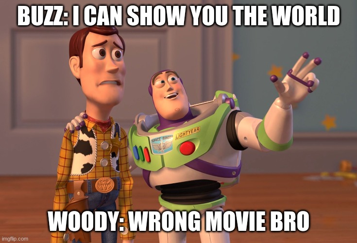 WRONG MOVIE | BUZZ: I CAN SHOW YOU THE WORLD; WOODY: WRONG MOVIE BRO | image tagged in memes,x x everywhere | made w/ Imgflip meme maker