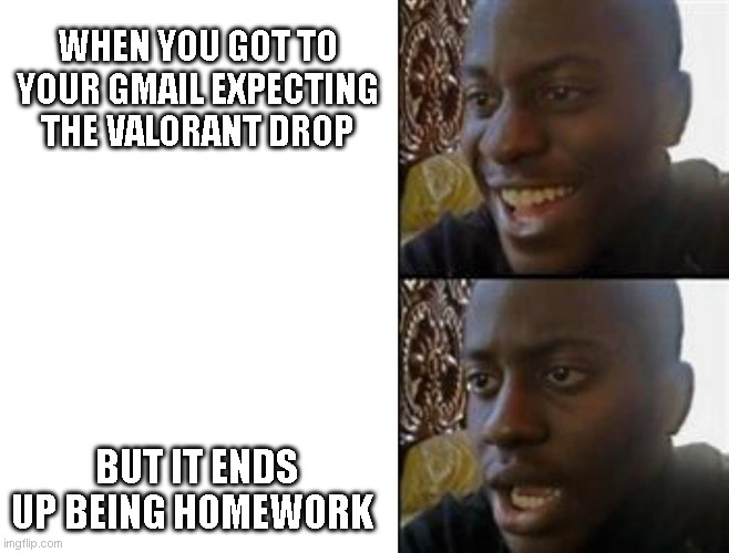 When you see you have an unopened email | WHEN YOU GOT TO YOUR GMAIL EXPECTING THE VALORANT DROP; BUT IT ENDS UP BEING HOMEWORK | image tagged in relatable | made w/ Imgflip meme maker