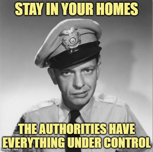 The real danger with COVID hoax. | STAY IN YOUR HOMES; THE AUTHORITIES HAVE EVERYTHING UNDER CONTROL | image tagged in barney fife | made w/ Imgflip meme maker
