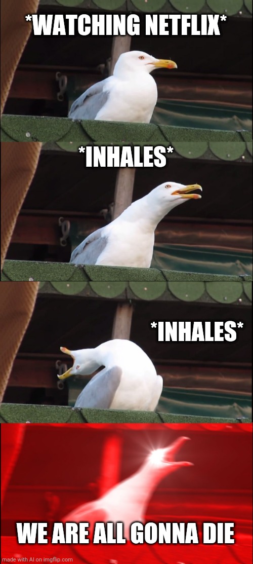 Inhaling Seagull | *WATCHING NETFLIX*; *INHALES*; *INHALES*; WE ARE ALL GONNA DIE | image tagged in memes,inhaling seagull | made w/ Imgflip meme maker