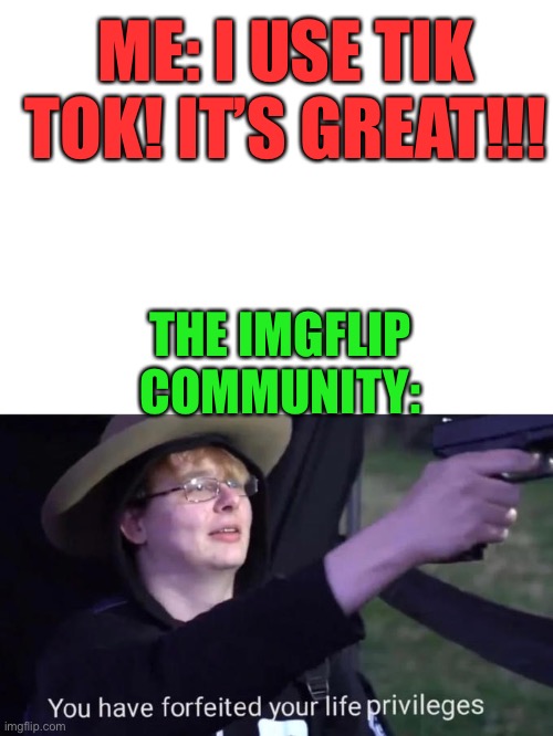 ME: I USE TIK TOK! IT’S GREAT!!! THE IMGFLIP COMMUNITY: | image tagged in blank white template,tik tok,imgflip community | made w/ Imgflip meme maker