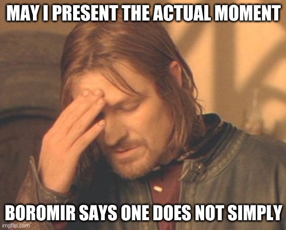 One does not simply walk into Mordor | MAY I PRESENT THE ACTUAL MOMENT; BOROMIR SAYS ONE DOES NOT SIMPLY | image tagged in memes,frustrated boromir | made w/ Imgflip meme maker