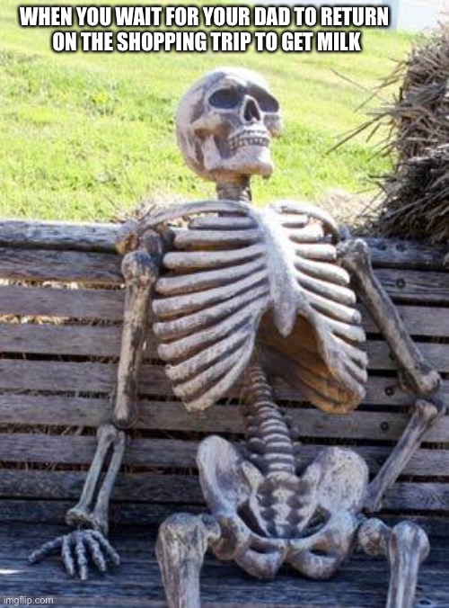Waiting skeleton | WHEN YOU WAIT FOR YOUR DAD TO RETURN 
ON THE SHOPPING TRIP TO GET MILK | image tagged in memes,waiting skeleton | made w/ Imgflip meme maker