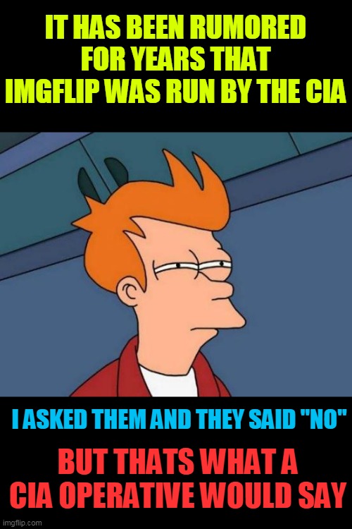 Imgflip is CIA   (JK)  lol | IT HAS BEEN RUMORED FOR YEARS THAT IMGFLIP WAS RUN BY THE CIA; I ASKED THEM AND THEY SAID "NO"; BUT THATS WHAT A CIA OPERATIVE WOULD SAY | image tagged in memes,futurama fry,cia,imgflip | made w/ Imgflip meme maker