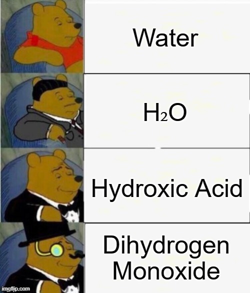 Water | Water; H₂O; Hydroxic Acid; Dihydrogen Monoxide | image tagged in tuxedo winnie the pooh 4 panel,tuxedo winnie the pooh,memes,water,acid,hydrogen | made w/ Imgflip meme maker