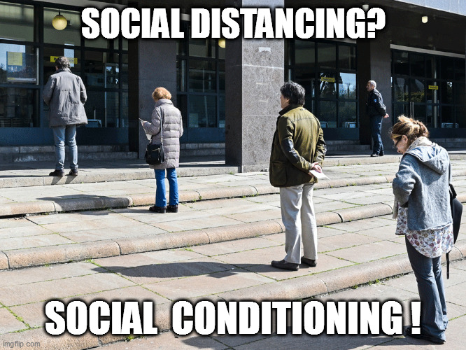 Leftist spindoctors gotta spin, and sheeple gotta be gullible. | SOCIAL DISTANCING? SOCIAL  CONDITIONING ! | image tagged in covid-19,biofarce,leftardation | made w/ Imgflip meme maker